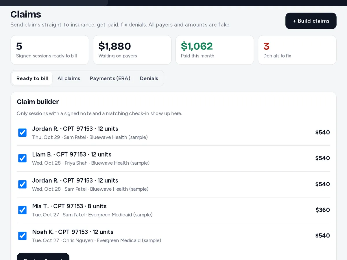 Preview with sample data: Claims screen with statuses: accepted, paid and denied