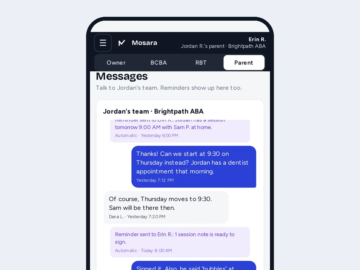 Preview with sample data: Message thread between a family and the practice on a phone
