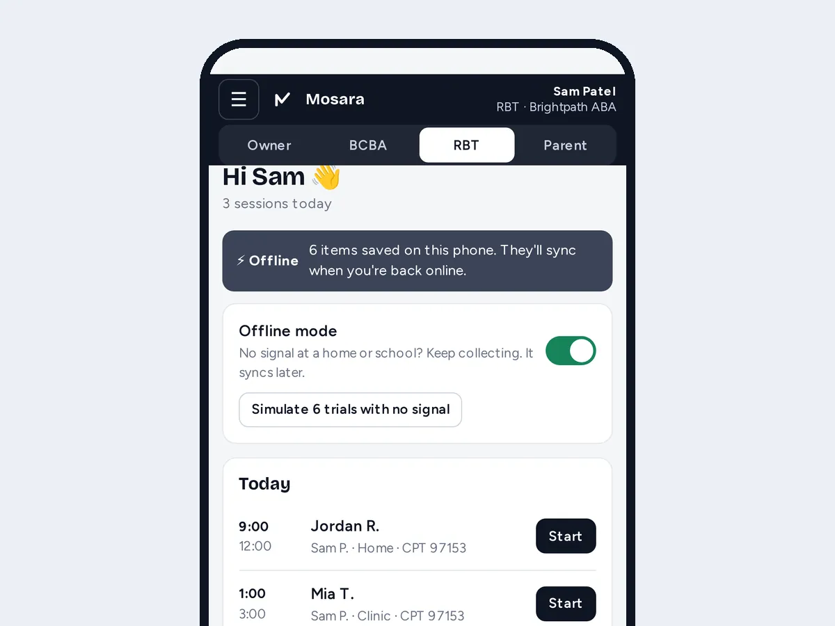 Preview with sample data: Phone screen in offline mode with data saved to sync later